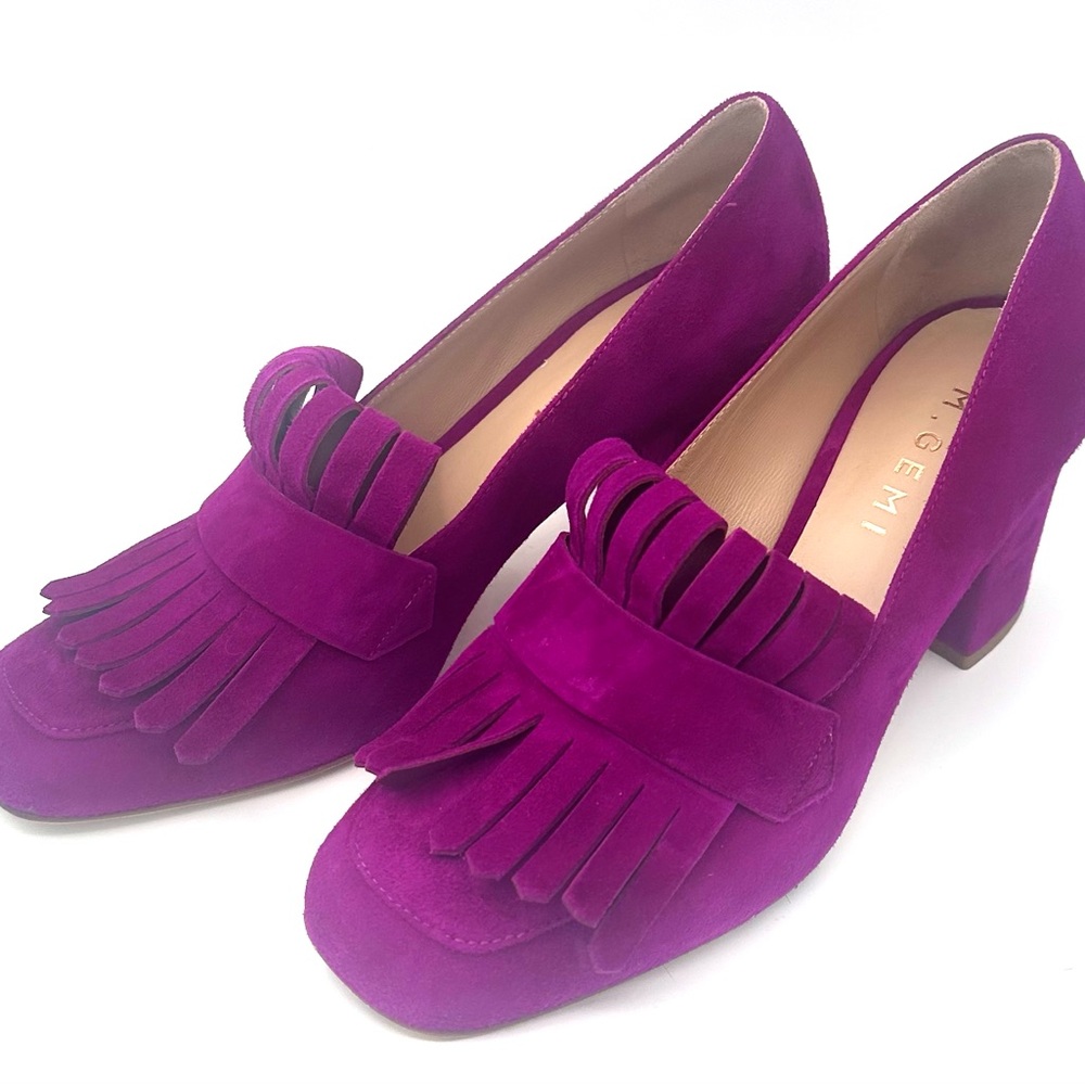 M. Gemi Women's Magenta Suede with looped fringe and a chunky heel